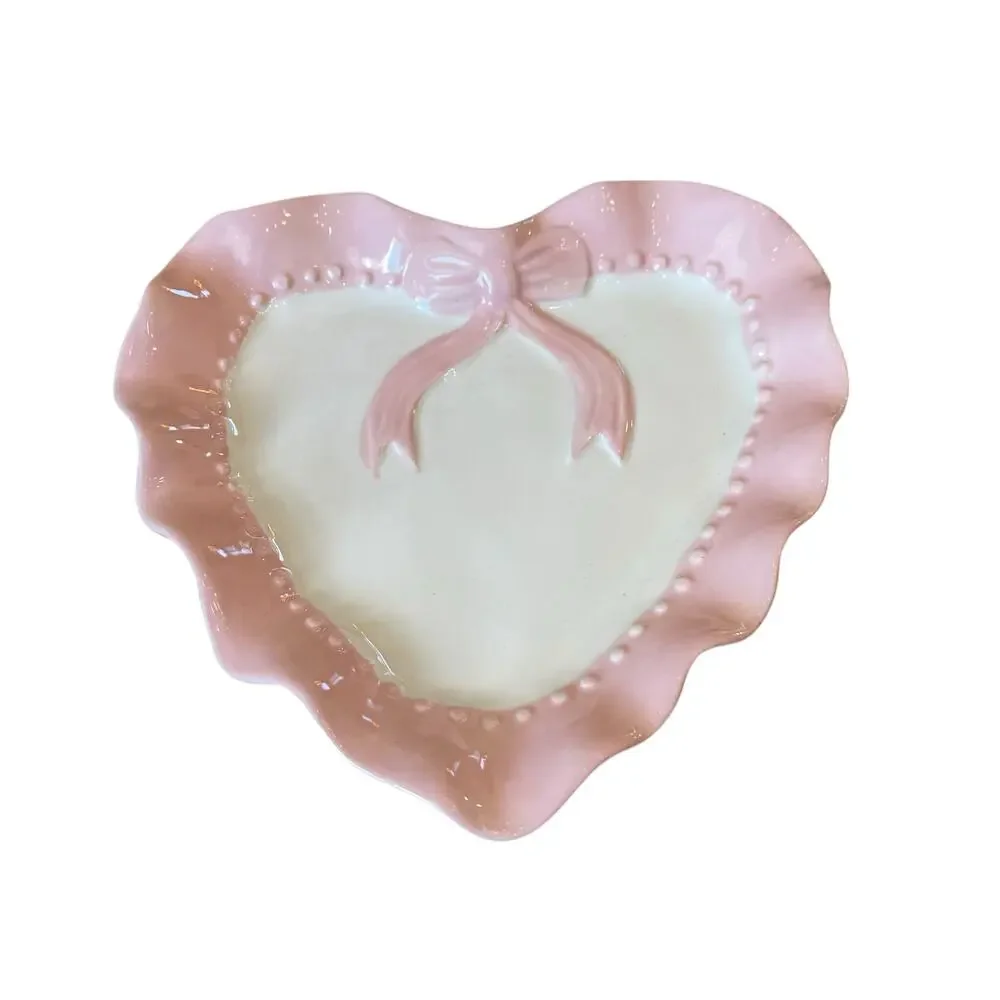 Pink & White Heart Shaped Trinket Tray 8in Ceramic Scalloped Valentines Day NEW
